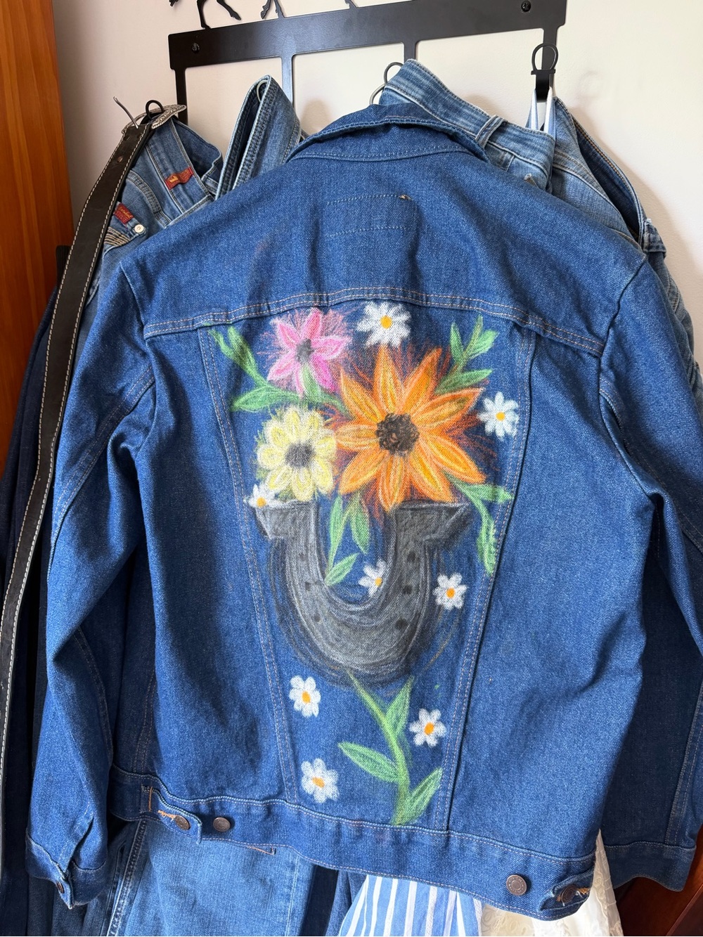 Wrangler Blue Denim Jacket with Hand Made Pastel Floral Design - Picture 2 of 4